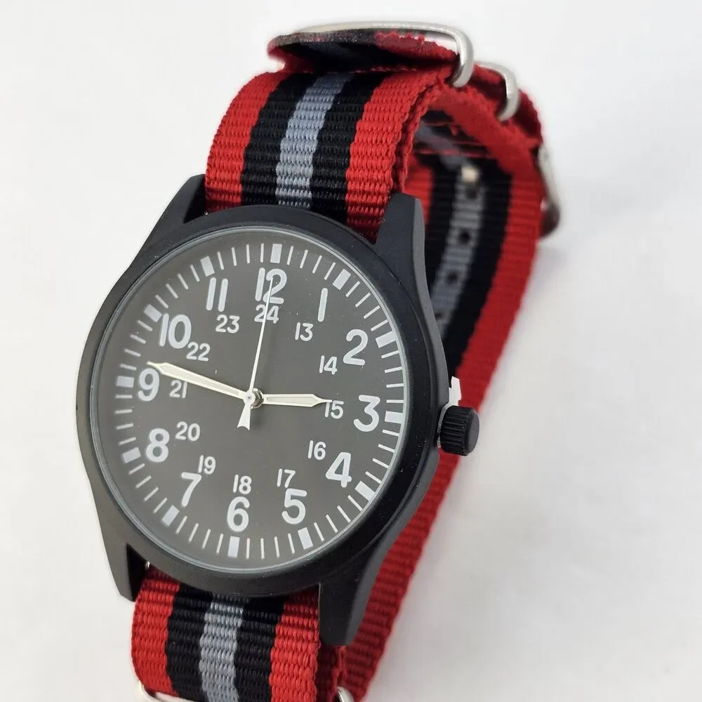 Field Men's Watch 42MM Black Case Black‎ Dial Red Black Gray Canvas Band Strap